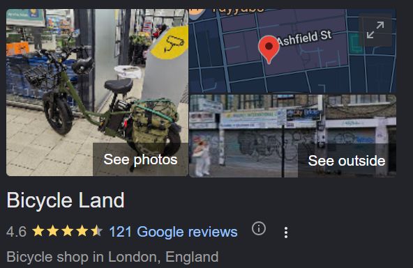 Google Maps and local search — 124 local actions in one period.
The Google Business Profile generated 36,905 impressions and 124 local actions in a single measured period. Nearly 30,000 of those impressions came from mobile devices — riders searching while out and about, at the exact moment they were ready to visit. The profile now shows 4.6 stars across 121 Google reviews, giving new customers a reason to choose Bicycle Land before they've even walked in.