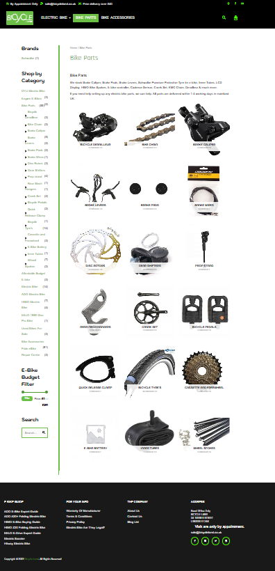 Website rebuild. We rebuilt the site on WordPress with three priorities: speed, product visibility, and ease of management. The new theme loads fast on mobile — where most of their customers browse — and puts the bikes and scooters front and centre. Product pages are structured to show specifications clearly, because cycling customers research before they buy. The client can now update products and content themselves without needing a developer for every small change.

Website fixes and ongoing maintenance. Since launch, we've handled all site fixes and maintenance. That covers plugin and WordPress core updates, security monitoring, performance checks, broken-link repairs, and any layout or functionality issues that come up. The site stays fast, secure, and working — without the client having to think about it.